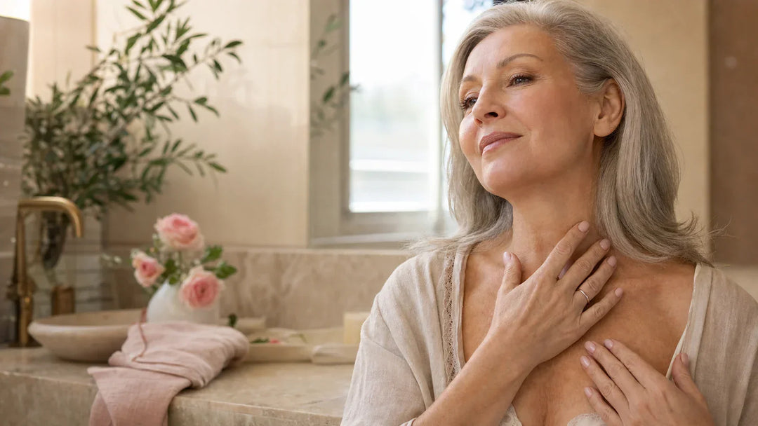 Routine douce pour peau mature autour de Peau sèche du cou et du décolleté : causes et bonne hydratation