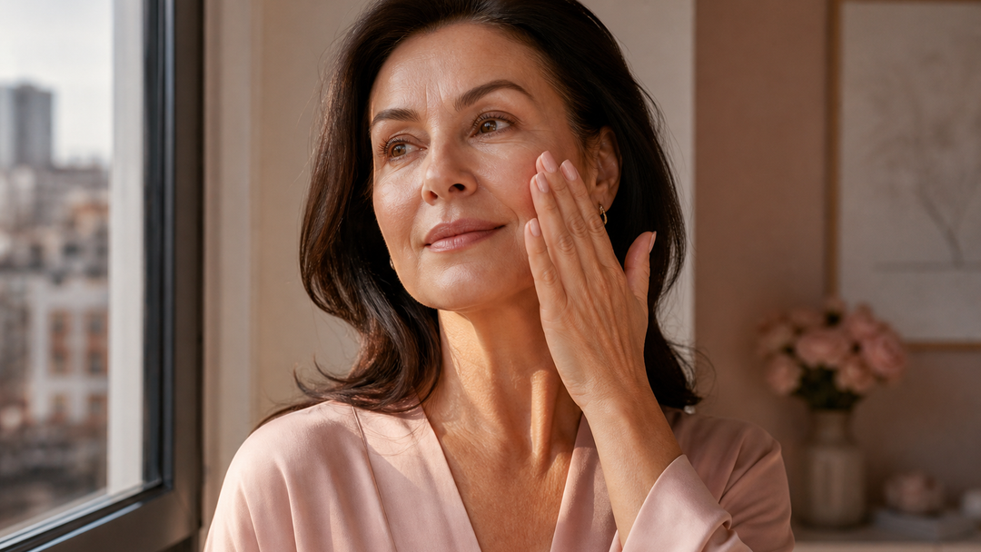 A woman in her morning routine applying a light SPF50 face sunscreen