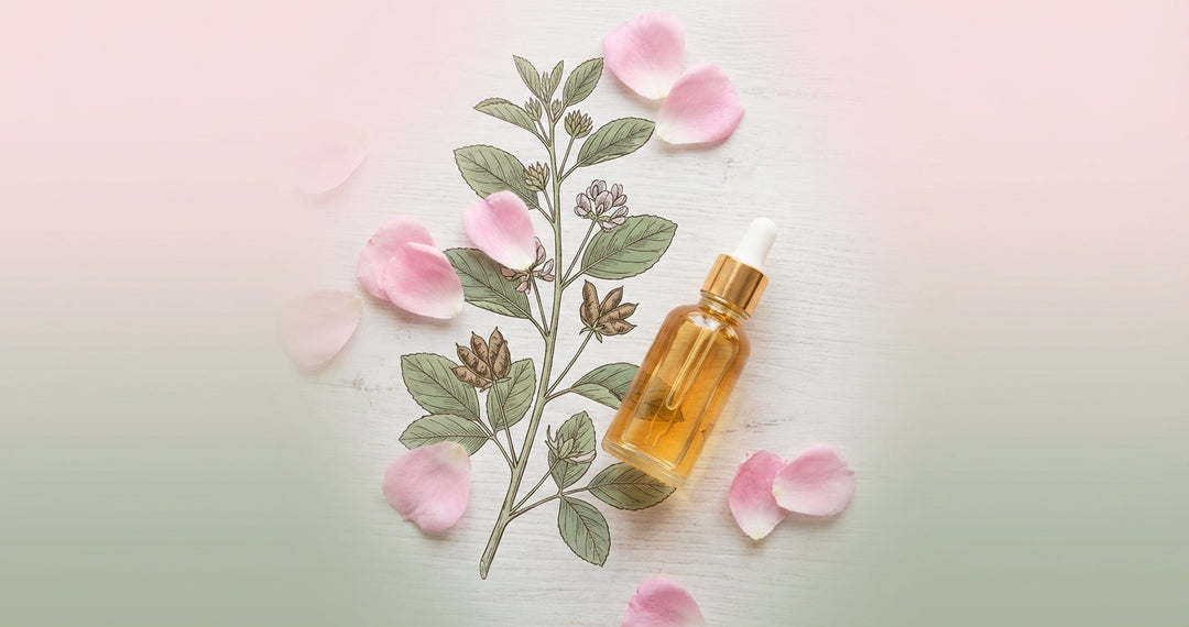 A botanical bakuchiol still life with petals and an amber dropper