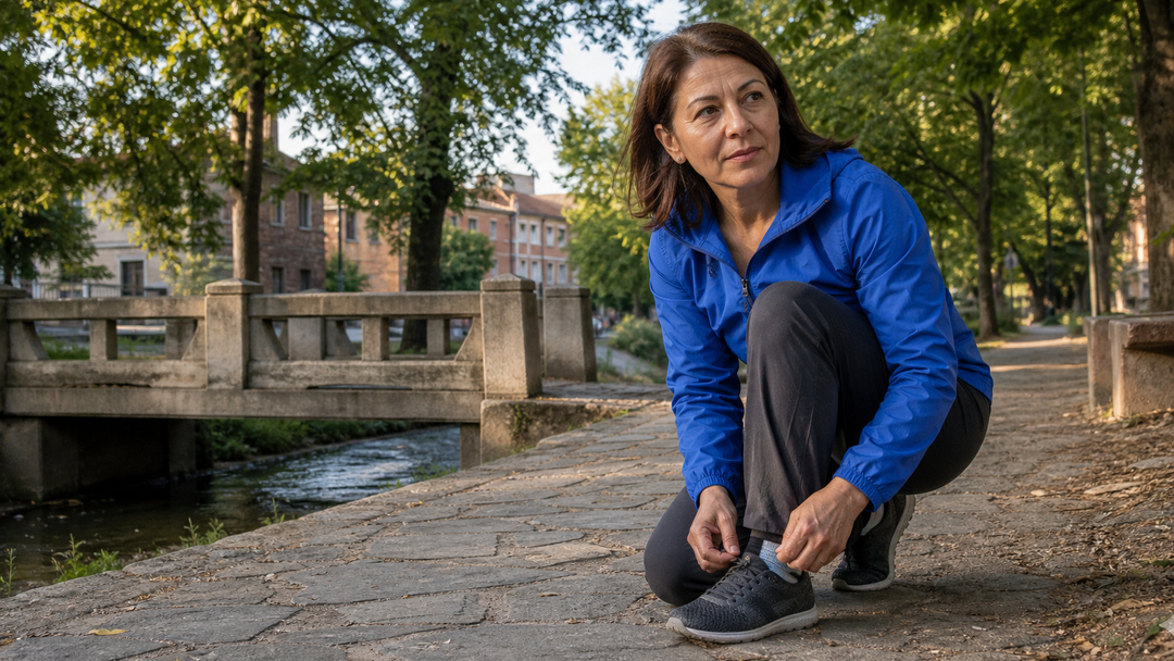 Een vrouw van in de vijftig wandelt vroeg in de ochtend zelfverzekerd door een stadspark als deel van een realistische dagelijkse routine
