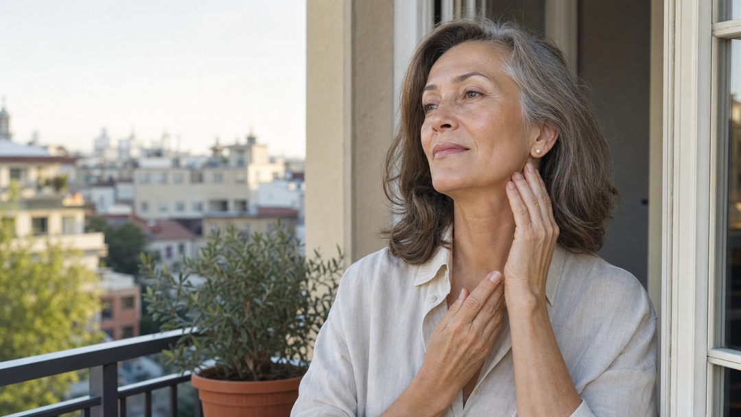 Vrouw brengt SPF50 op het gezicht aan in een ochtendroutine