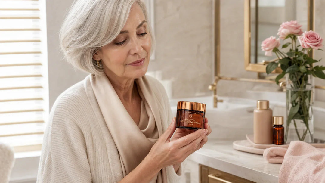 Routine douce pour peau mature autour de Crème visage prébiotique ou probiotique : différence et choix