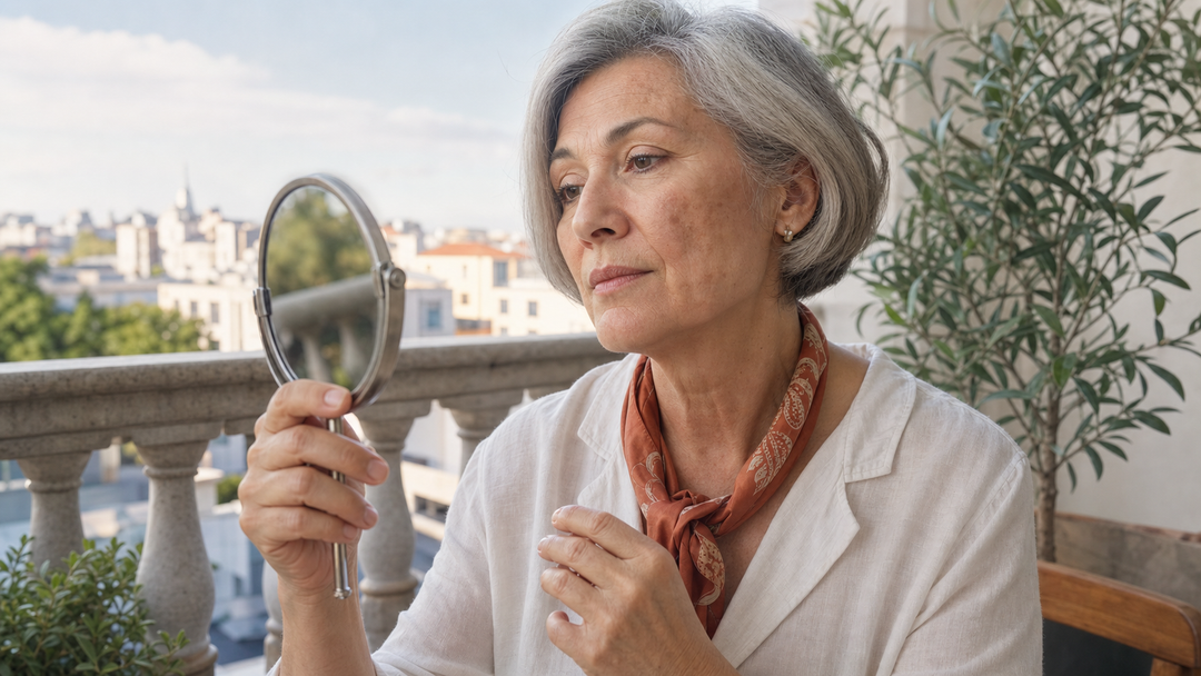 Woman after 60 checking dark spots in the morning before an SPF routine