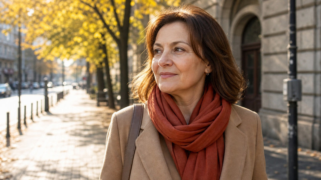 Vrouw boven de 50 tijdens een vroege herfstwandeling in de stad