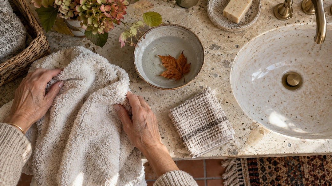 Soft towel beside a sink in a calm autumn skincare routine
