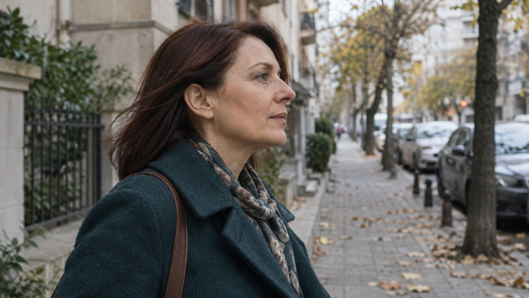 Profil d’automne avec oreille, lisière des cheveux et cou visibles sur un trottoir urbain