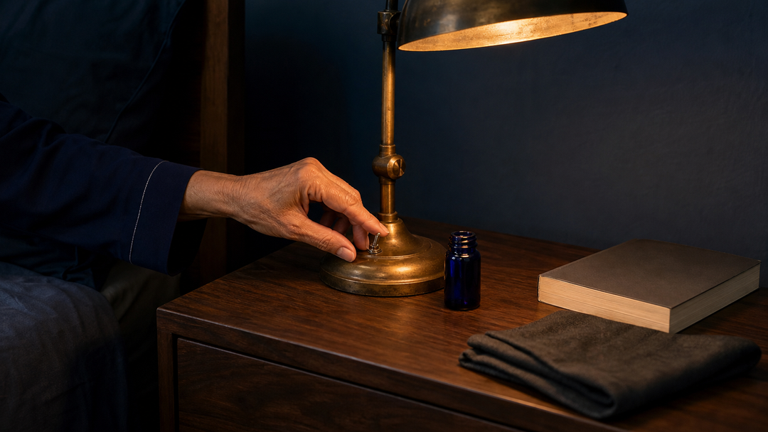 A hand turning off a lamp beside a deep blue evening corner