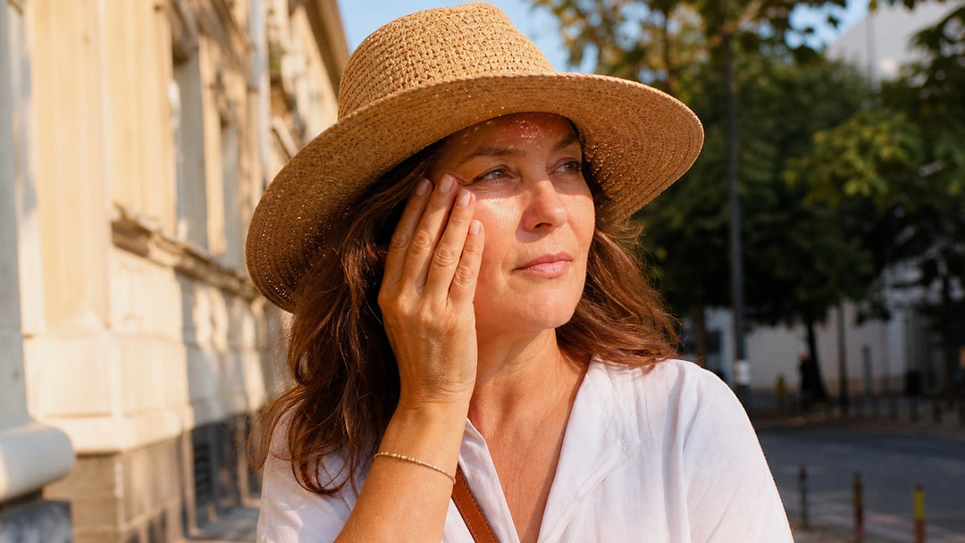 Woman over 50 on a sunny city morning wearing a hat