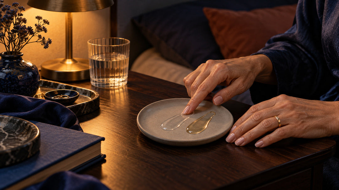 An evening ceramic palette showing two bakuchiol skincare textures