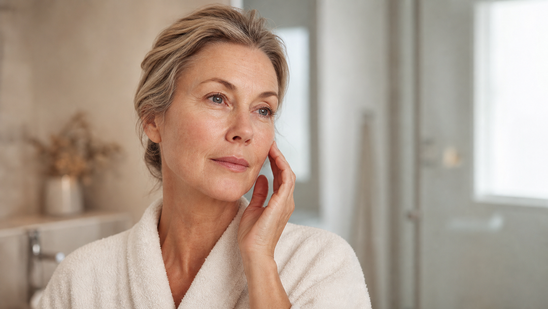Mature woman touches her cheek in warm morning light, quietly checking how the skin feels