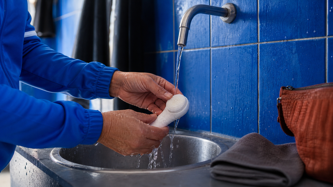 Hands preparing a soft face brush in a calm blue post-workout corner