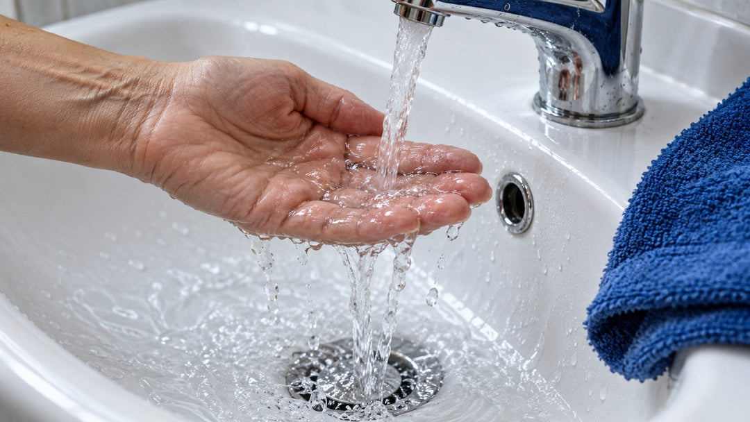 Eau claire et gestes doux près du lavabo