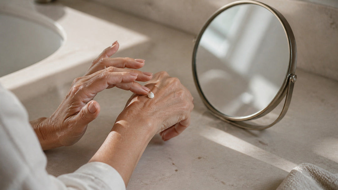 Woman over 45 applying a small amount of face cream in soft morning light