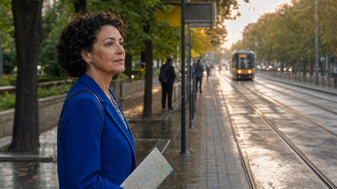 Eine Frau mit kurzen dunklen Locken an einer Straßenbahnhaltestelle im frühen Morgenlicht