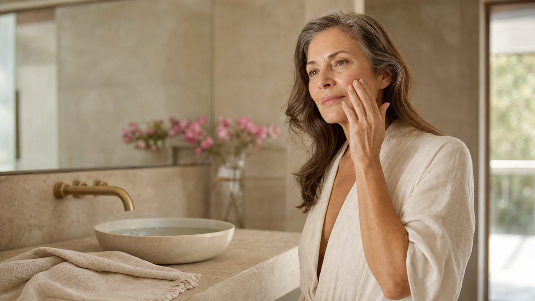 Mature woman after 40 feels a tight pull on her skin after cleansing in warm morning light