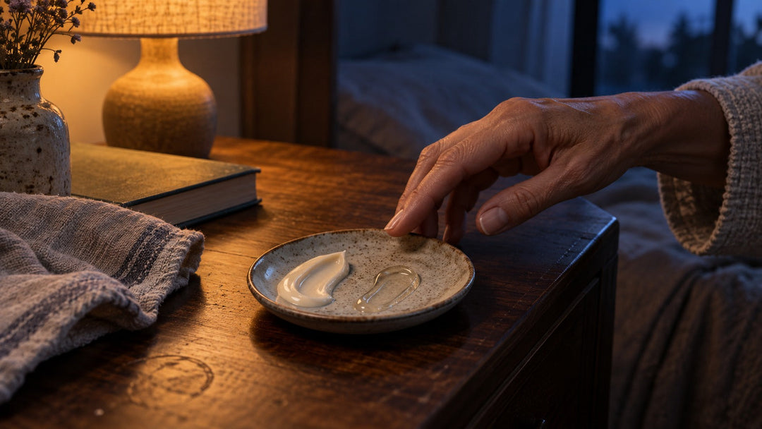 Evening dressing table with a hand, ceramic palette and soft night light