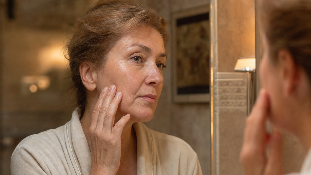 Femme de plus de 40 ans appliquant une creme visage le soir devant un miroir