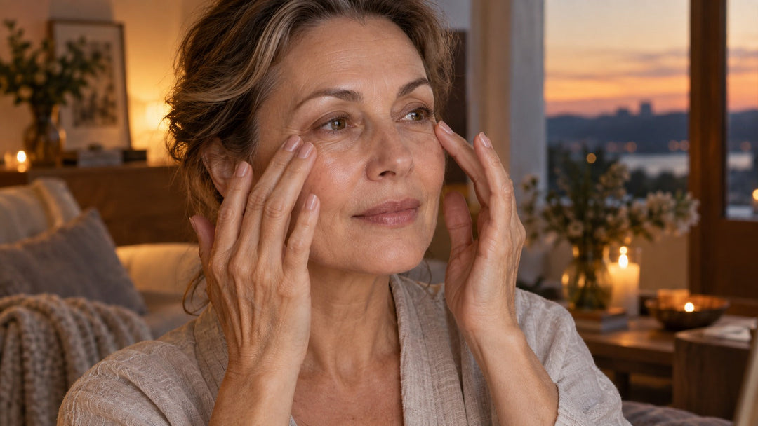 Gentle hands applying a small amount of eye cream in soft evening light