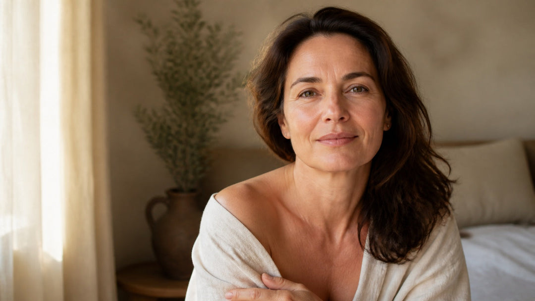 Woman over 40 in soft daylight before her morning skincare routine