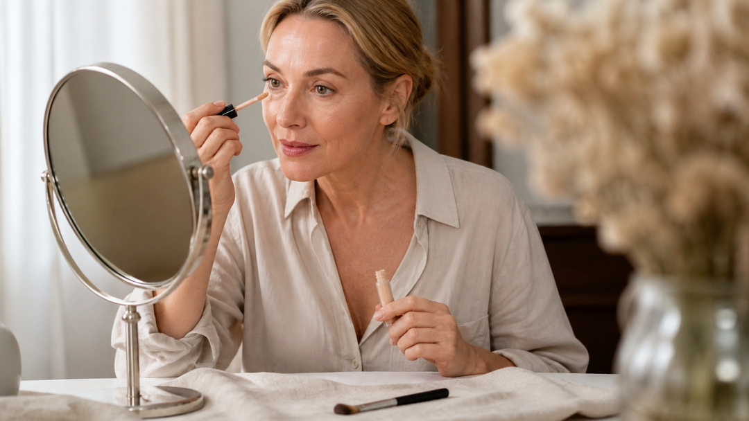 A vanity with a mirror and light daytime makeup