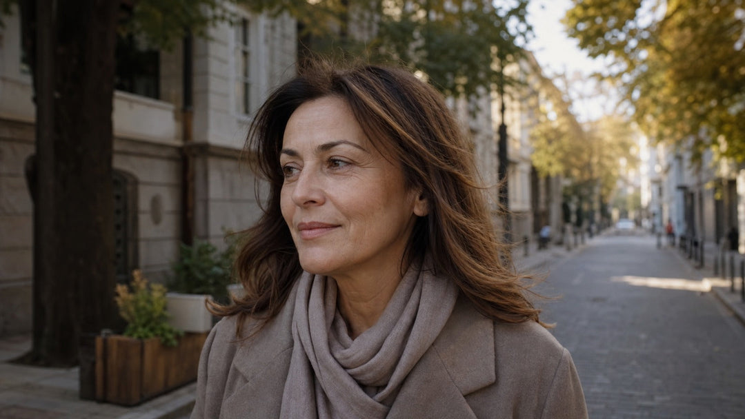 Vrouw boven de 40 in zacht vroeg herfstlicht in een rustige stadsstraat