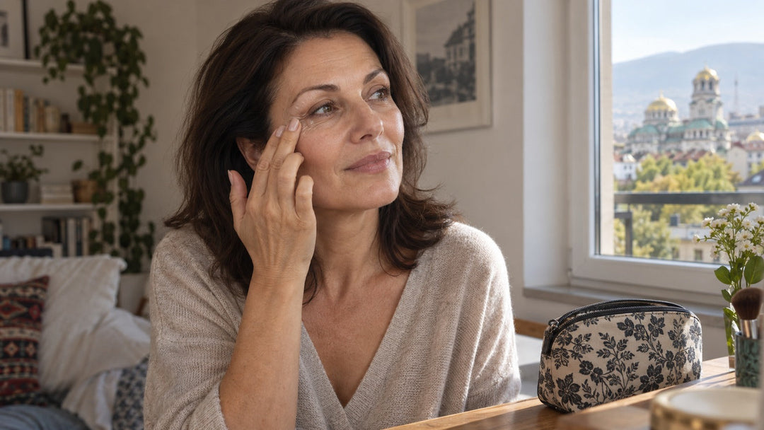 Frau über 40 bereitet die Augenpartie vor einem leichten Tages-Make-up vor