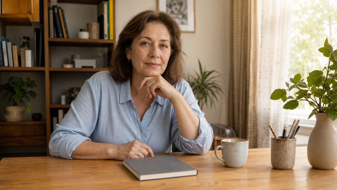 Woman over 50 sitting upright and relaxed at a home desk
