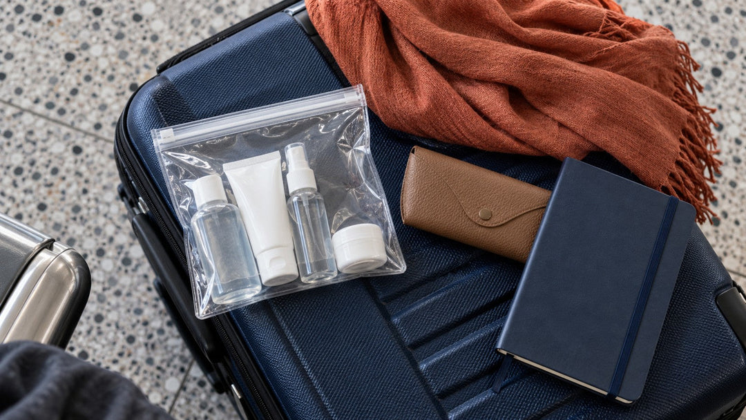 Een klein toilettasje en handbagage klaar voor vertrek