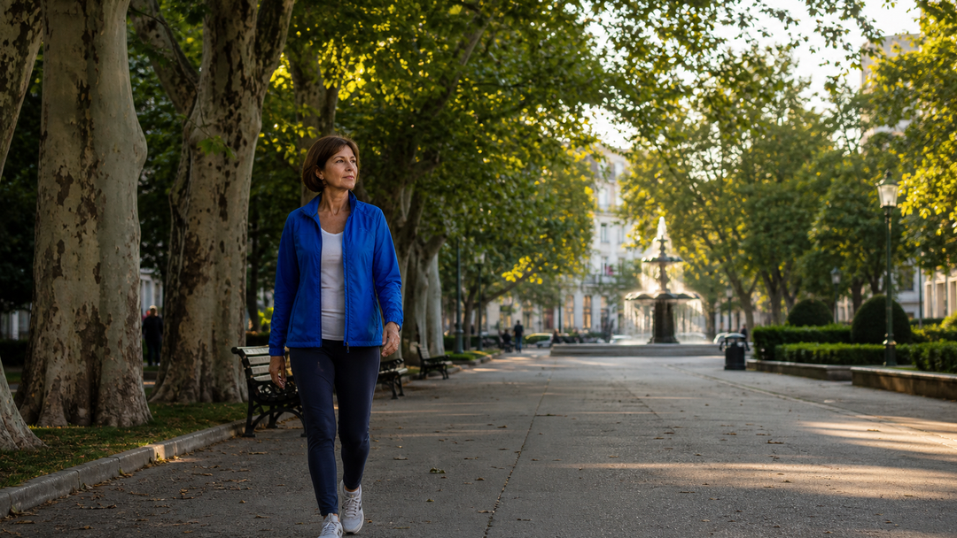 Een vrouw van in de vijftig loopt rustig door een groen stadspark.