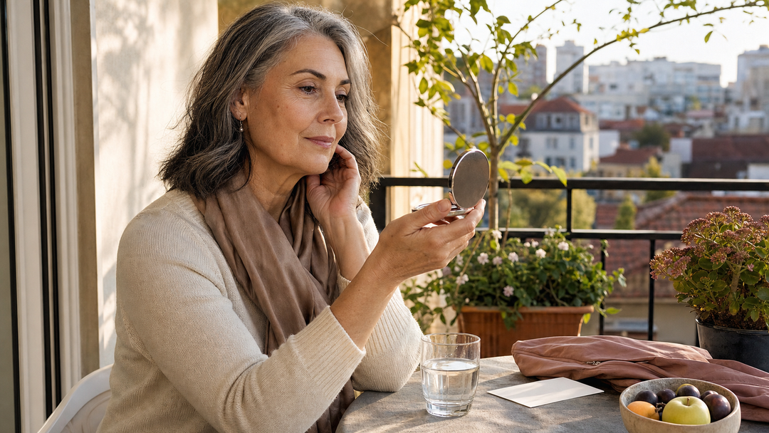 Frau nach 40 ordnet eine Routine von innen und außen für hormonelle Balance und Hautkomfort