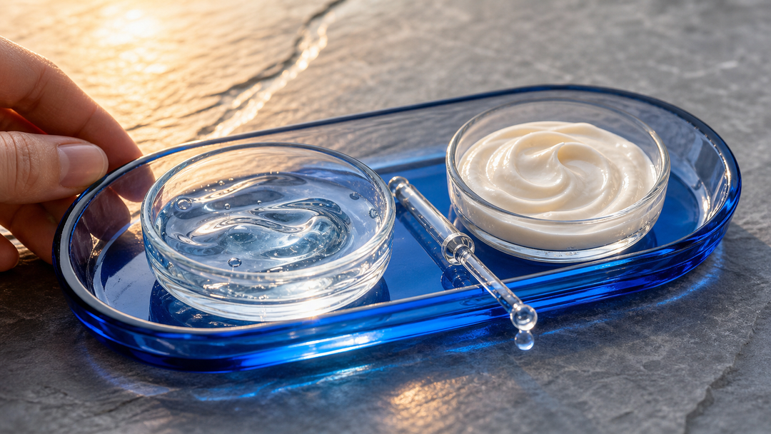 Transparante hydraterende gel en een pipet op kobaltblauw glas in zonlicht