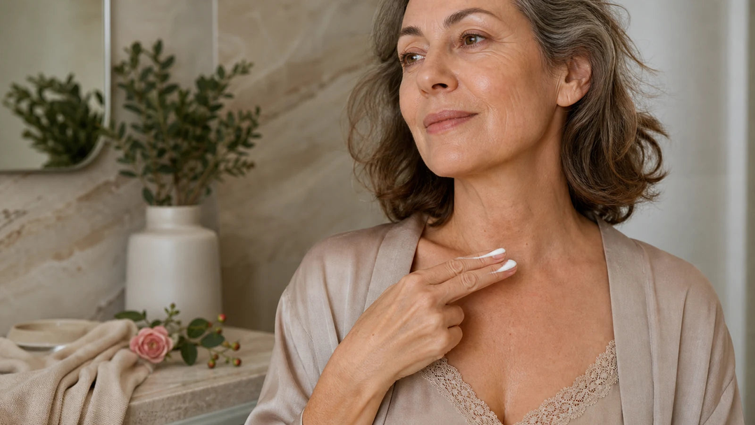 Woman after 50 applying care to the neck and decollete in warm light