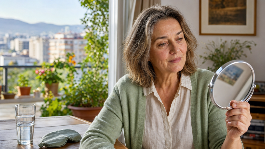 Woman after 50 noticing mild morning under-eye puffiness without panic