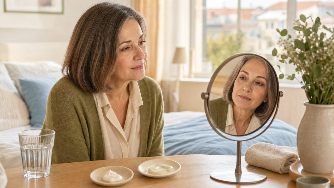 Woman after 50 choosing an eye cream for puffy-looking eyes with realistic expectations