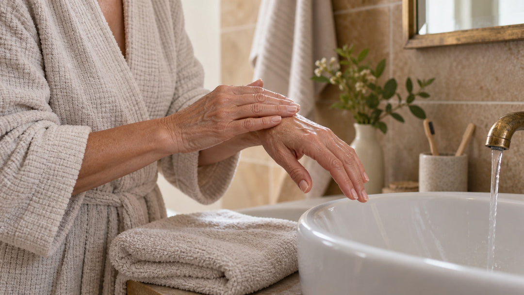 Mature hands, a soft towel and a basin in calm morning light