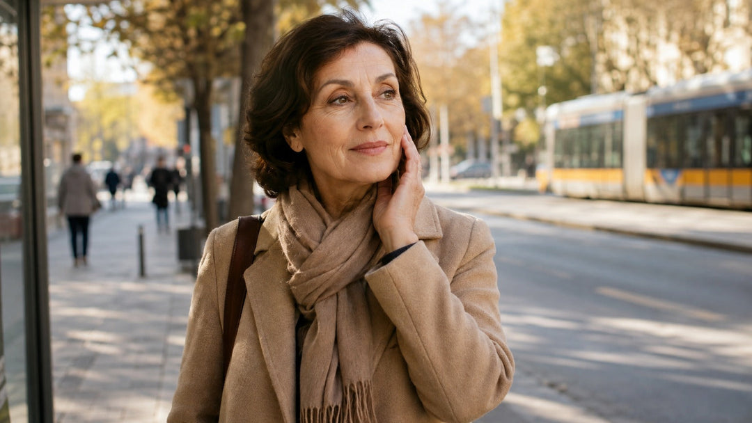 Woman over 50 on a morning city walk in soft early-autumn light