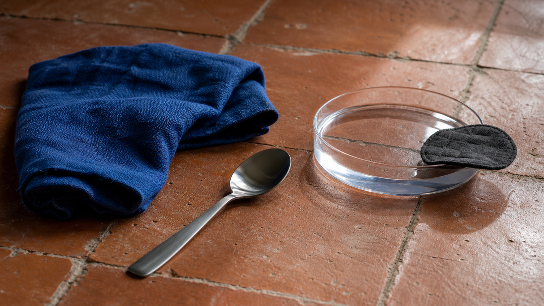 A cool metal spoon, cobalt towel and terracotta tiles arranged for a calm morning routine