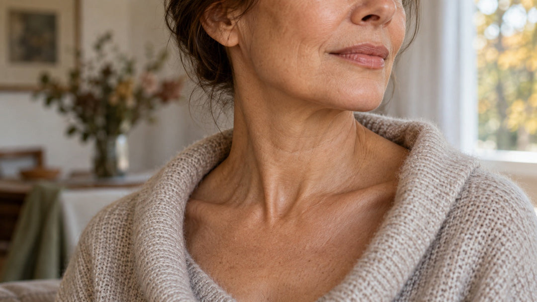 Femme de plus de 50 ans avec un col en maille douce dans la lumière du début d’automne