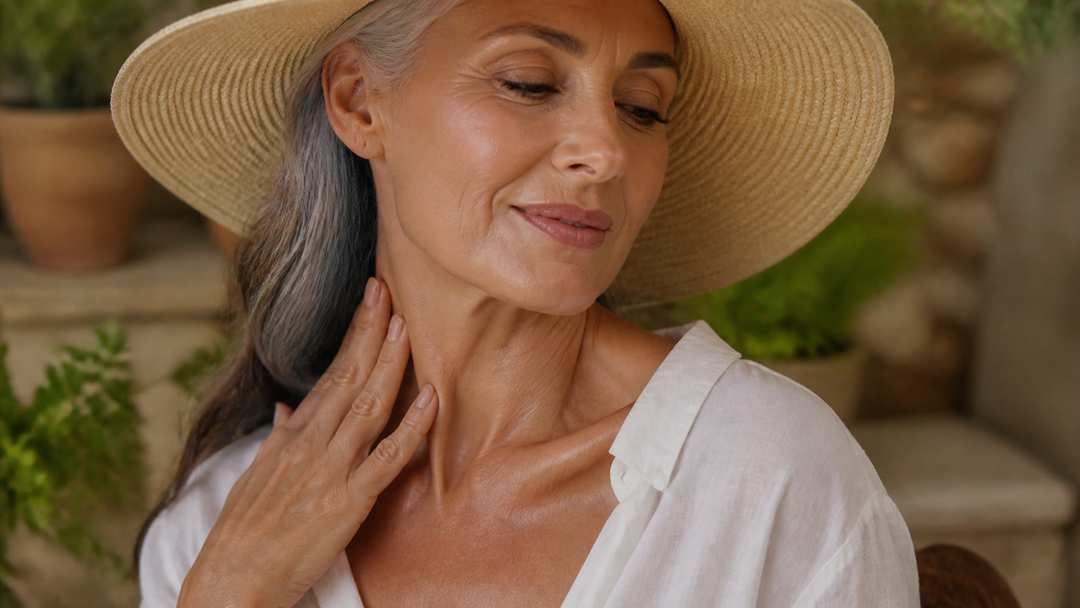 A mature woman’s neck and décolleté resting in shade after a sunny day
