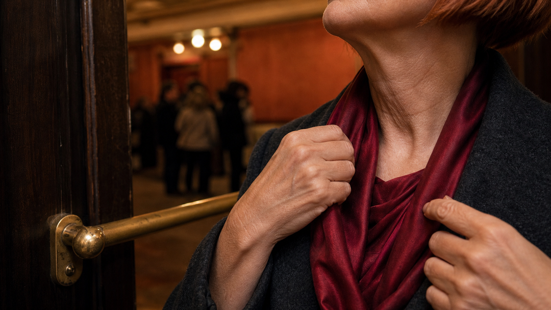 A calm close-up of the neck and hands in a warm interior