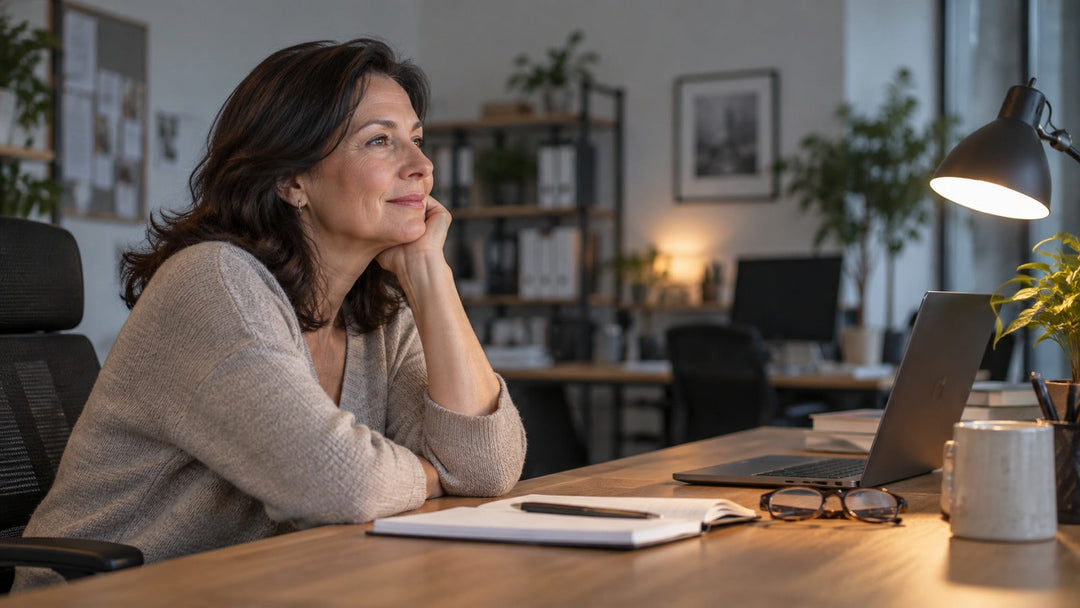 Vrouw boven de 45 aan een bureau in een rustig kantoor met airconditioning