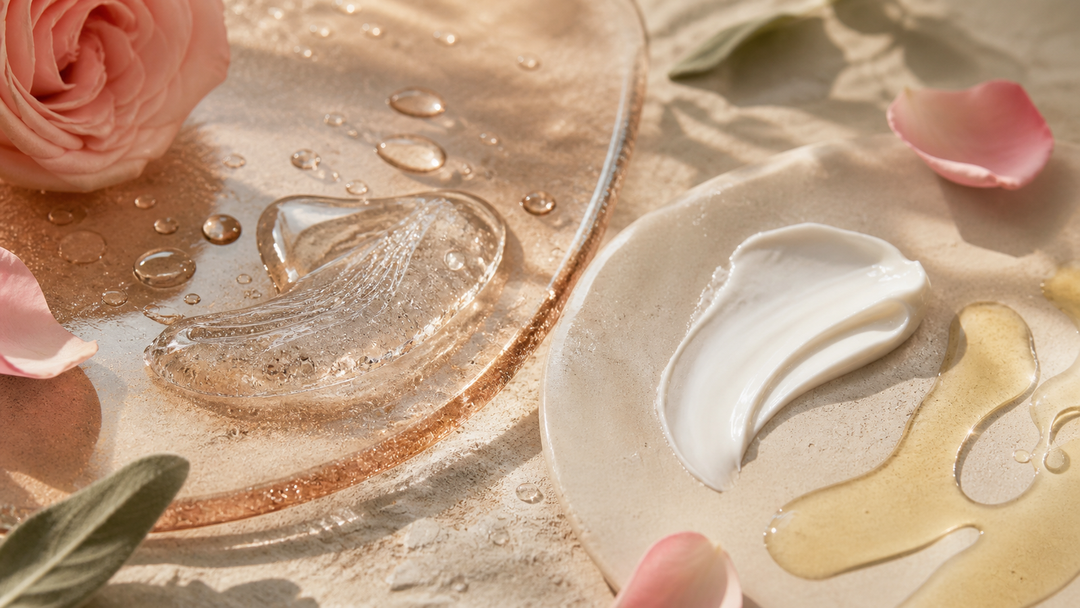 Routine skincare a strati con fase acquosa, crema, olio viso e SPF su una toilette calda