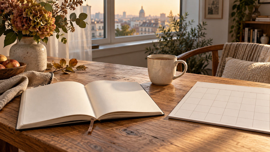 Notebook, calendar and morning light on a table for a calm personal diary