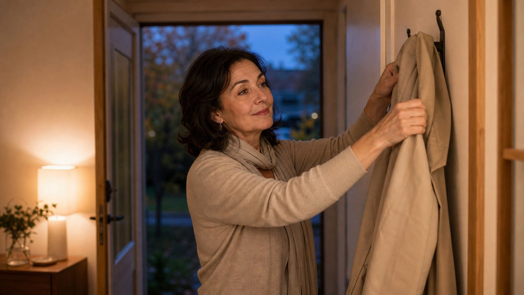 Woman over 50 putting away a light jacket at home on an early autumn evening