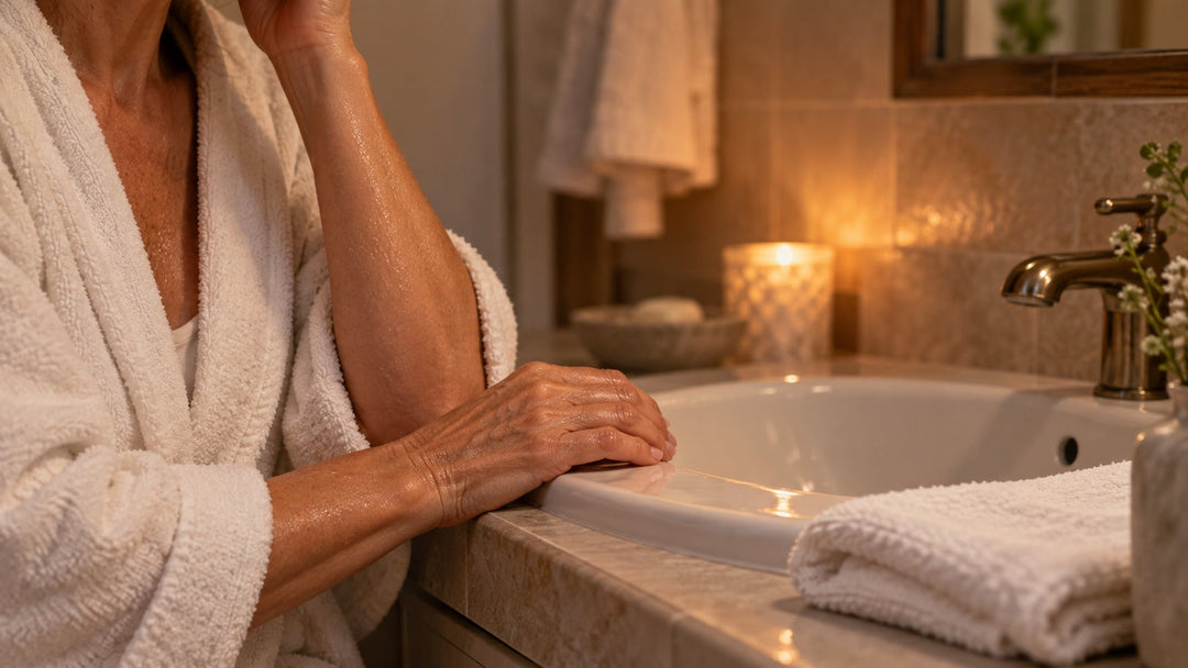 Mature hands beside a basin in quiet evening light