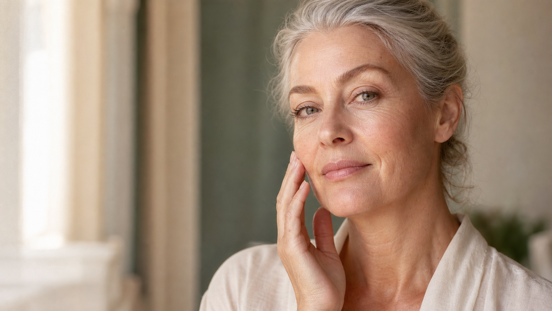 Mature woman in her fifties with naturally radiant skin gently touching her cheek in soft morning light