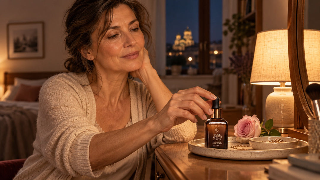 Rose Youth Elixir in a realistic calm evening routine beside a dressing table
