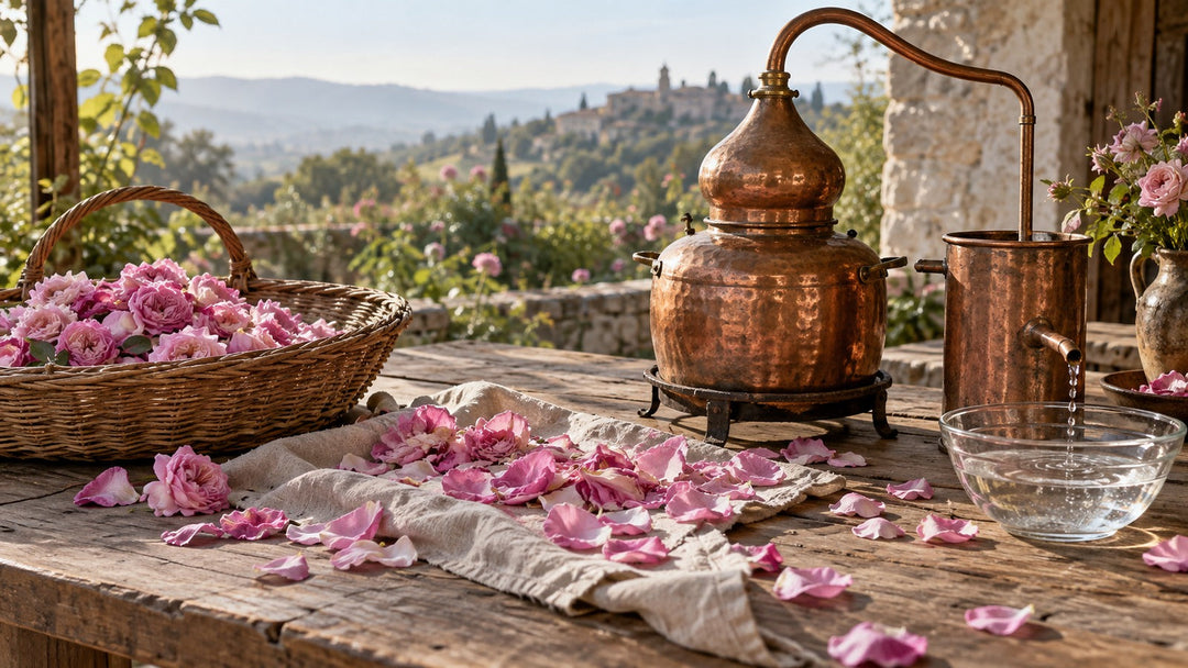 Rose petals beside a copper still and a clear glass bowl in morning light