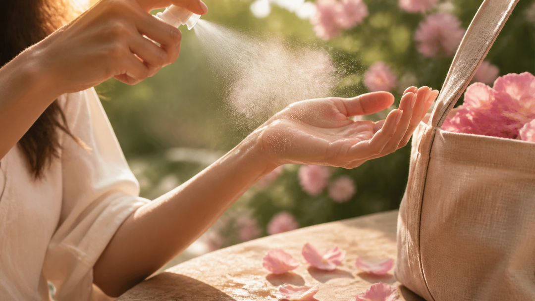 Rose-water mist beside a linen bag on a warm summer day