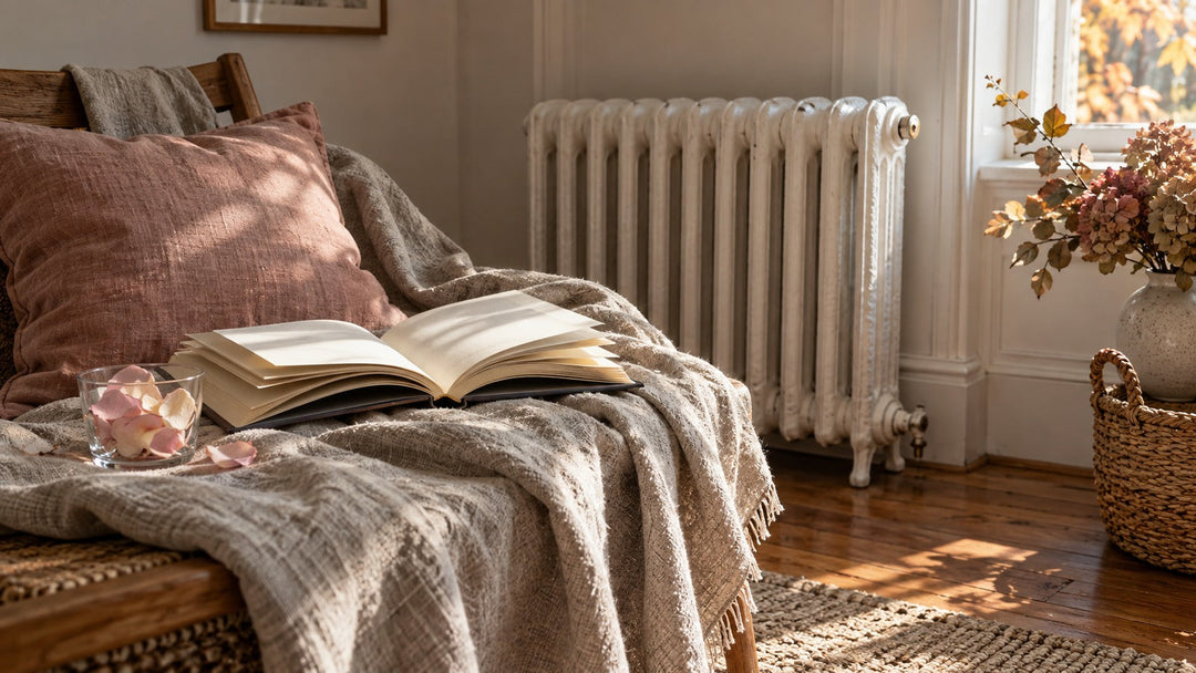 Vroege herfsthoek thuis bij een radiator met linnen en rozenblaadjes